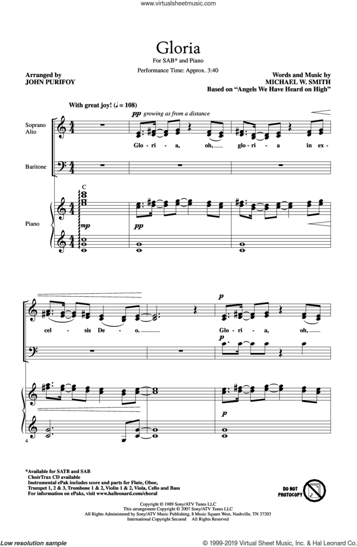 Gloria (arr. John Purifoy) sheet music for choir (SAB: soprano, alto, bass) by Michael W. Smith and John Purifoy, intermediate skill level