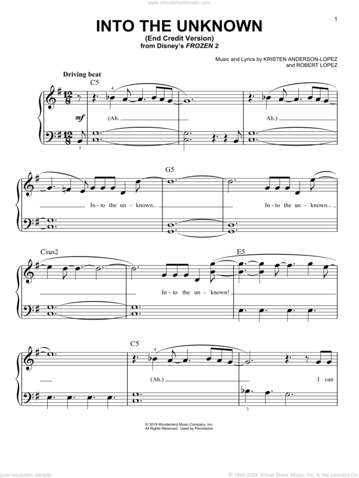 Into The Unknown (from Disney's Frozen 2) sheet music for piano solo by Panic! At The Disco, Kristen Anderson-Lopez and Robert Lopez, easy skill level