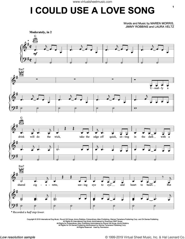 I Could Use A Love Song sheet music for voice, piano or guitar by Maren Morris, Jimmy Robbins and Laura Veltz, intermediate skill level