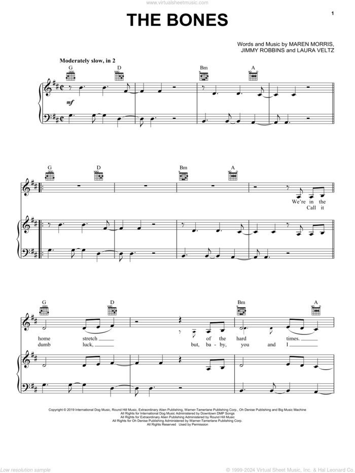 The Bones sheet music for voice, piano or guitar by Maren Morris, Jimmy Robbins and Laura Veltz, intermediate skill level