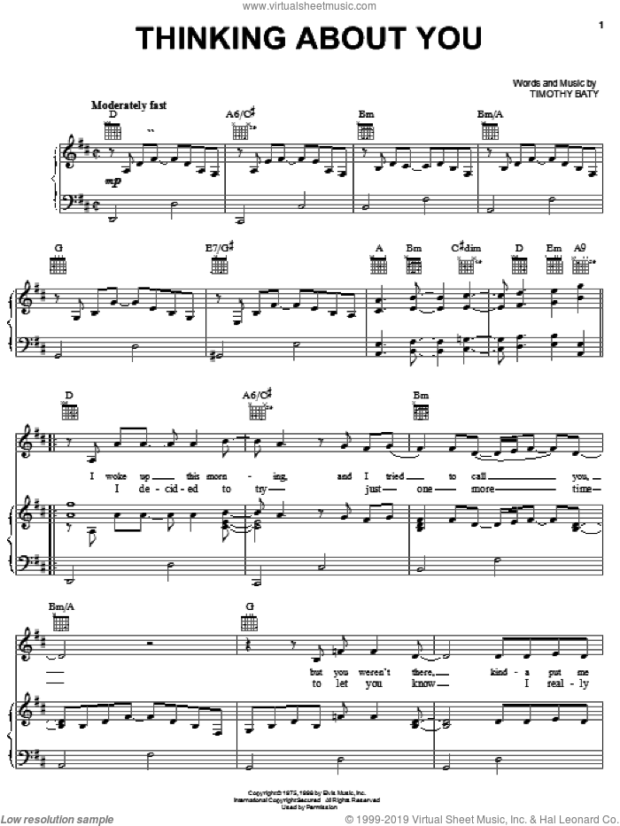Thinking About You sheet music for voice, piano or guitar by Elvis Presley and Timothy Baty, intermediate skill level