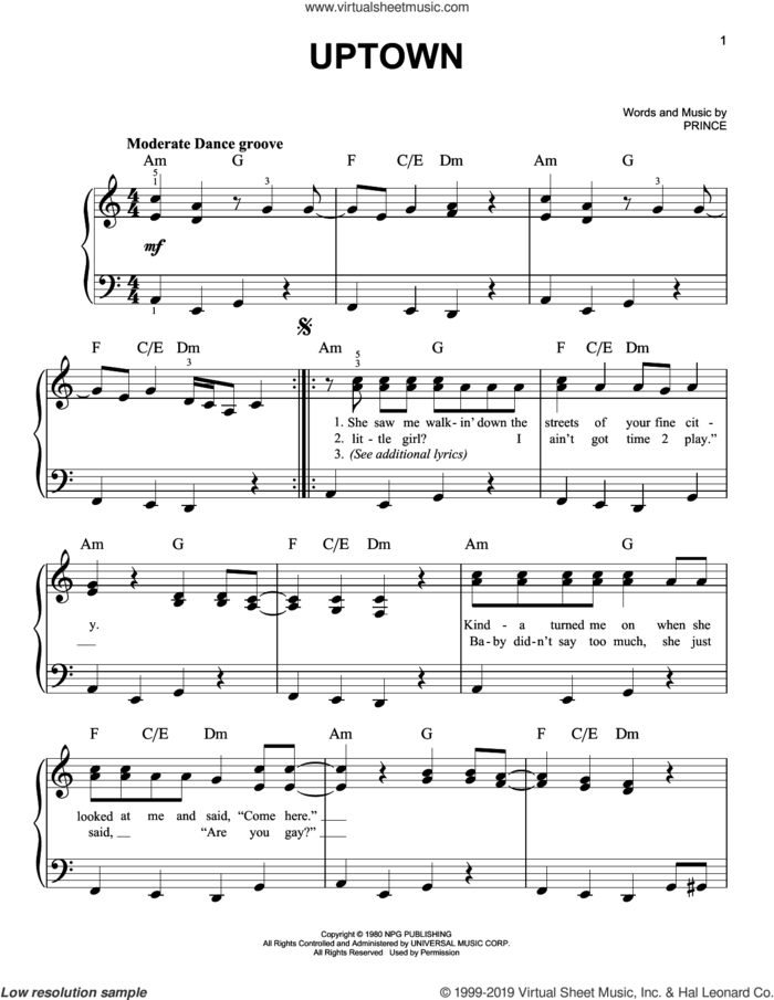 Uptown sheet music for piano solo by Prince, easy skill level