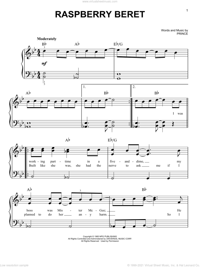 Raspberry Beret sheet music for piano solo by Prince, easy skill level