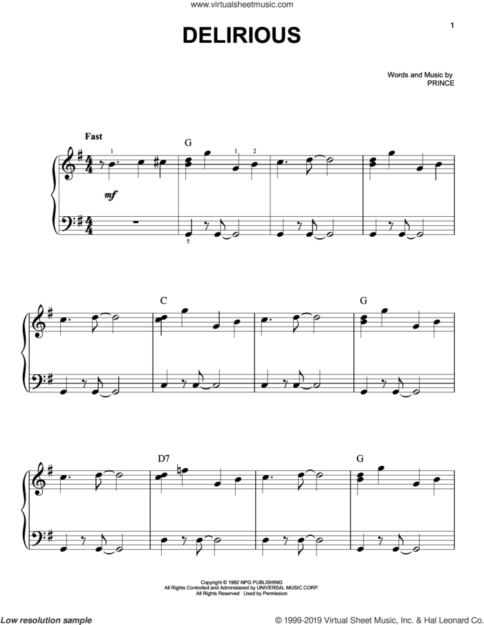 Delirious sheet music for piano solo by Prince, easy skill level