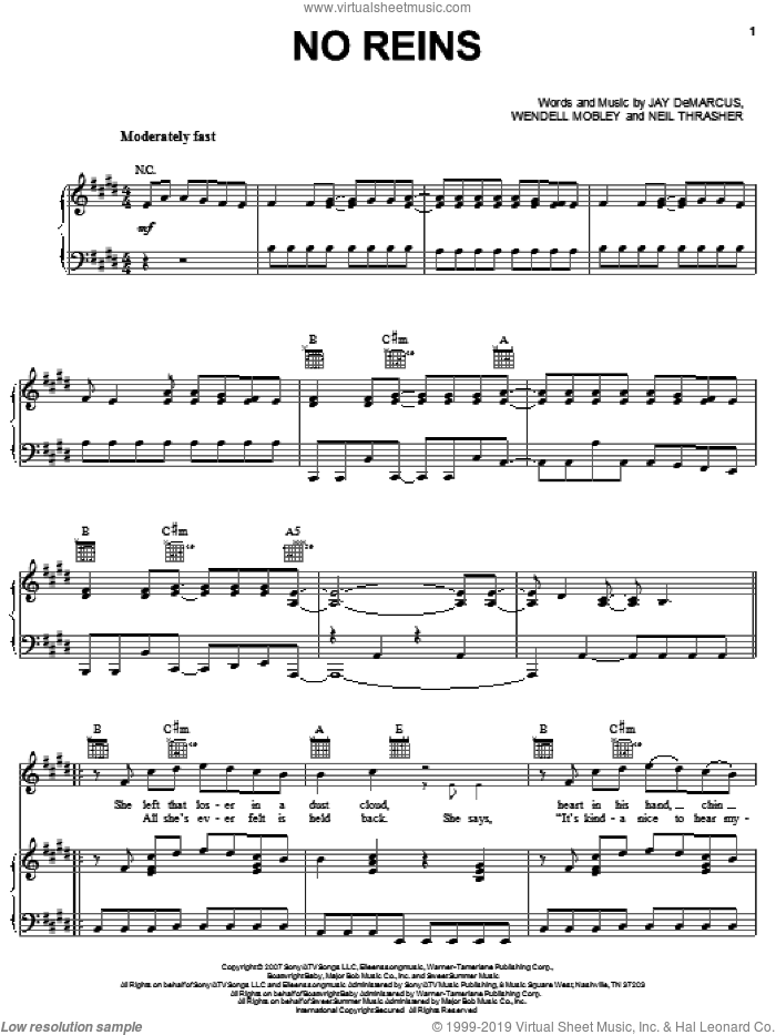 No Reins sheet music for voice, piano or guitar by Rascal Flatts, Jay DeMarcus, Neil Thrasher and Wendell Mobley, intermediate skill level