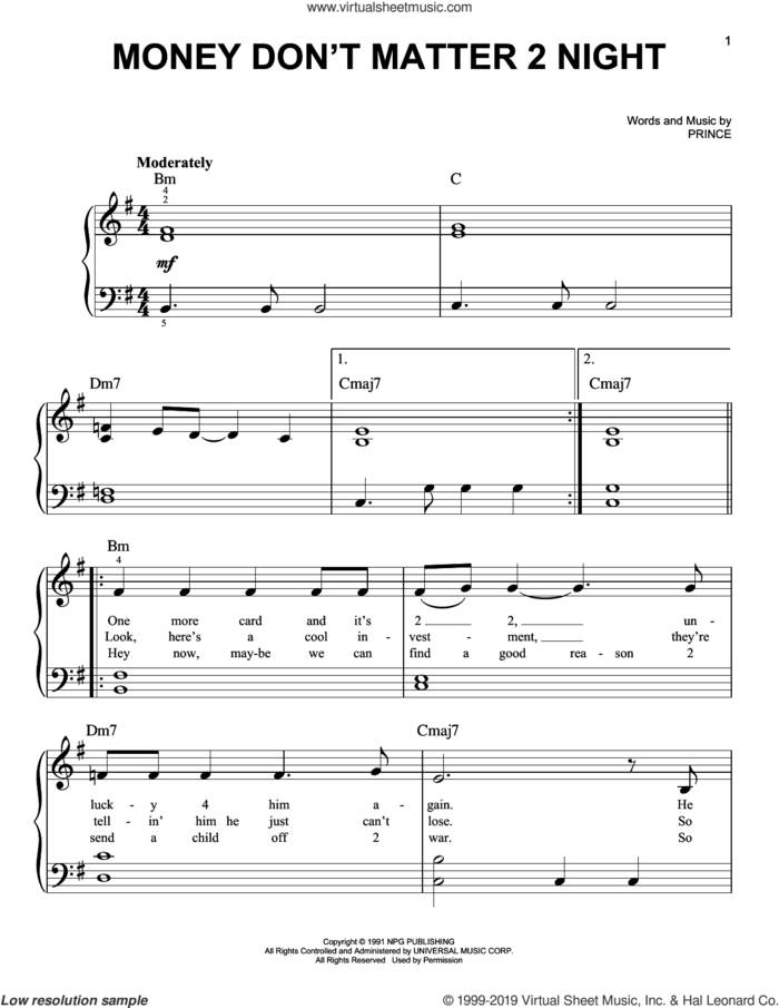 Money Don't Matter 2 Night sheet music for piano solo by Prince, easy skill level