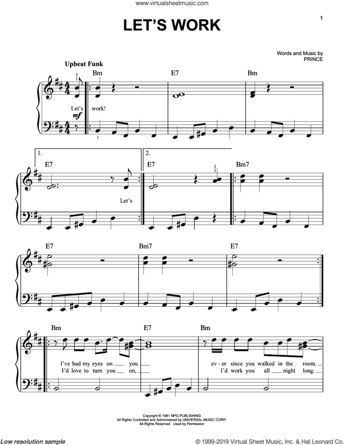 Let's Work sheet music for piano solo by Prince, easy skill level
