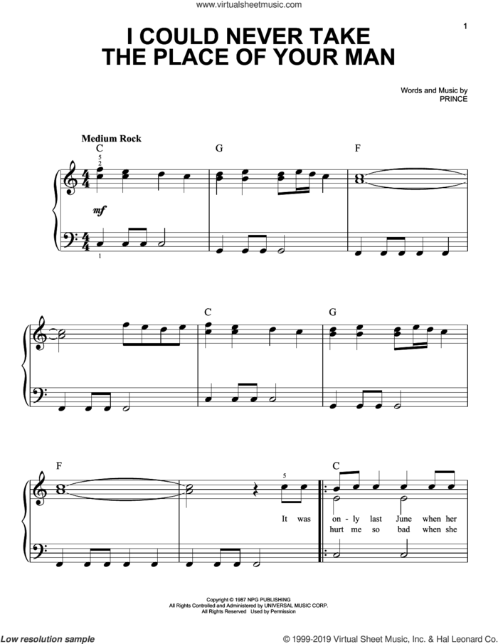 I Could Never Take The Place Of Your Man sheet music for piano solo by Prince, easy skill level