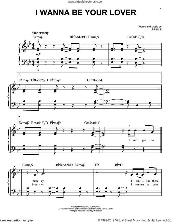 I Wanna Be Your Lover sheet music for piano solo by Prince, easy skill level