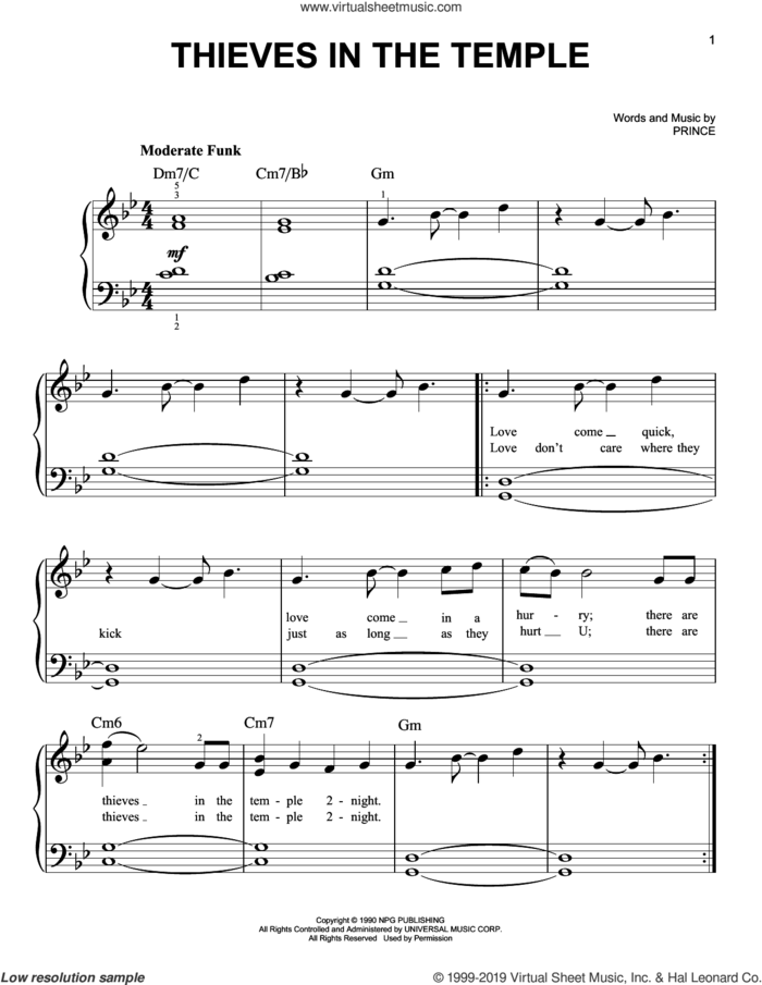 Thieves In The Temple sheet music for piano solo by Prince, easy skill level