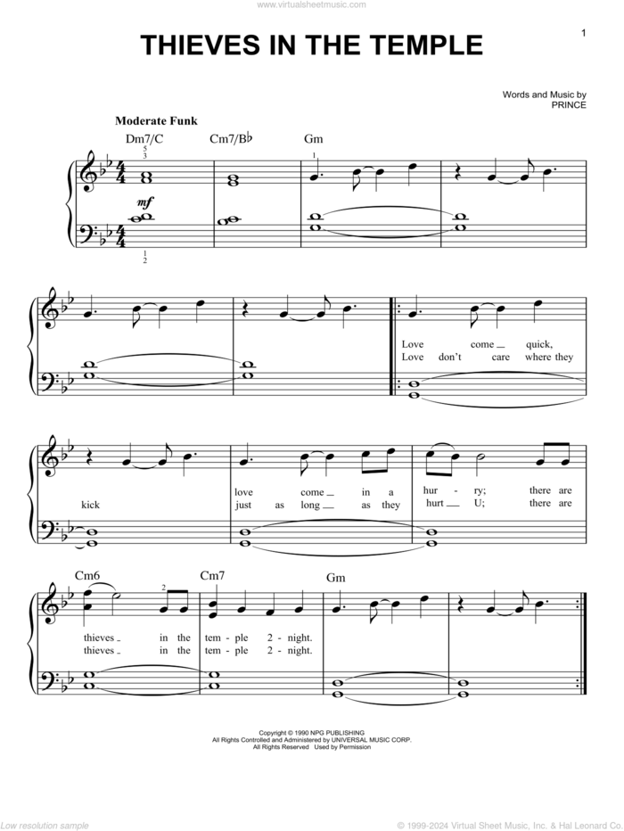 Thieves In The Temple sheet music for piano solo by Prince, easy skill level