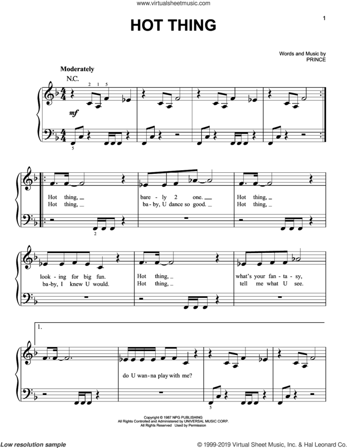 Hot Thing sheet music for piano solo by Prince, easy skill level