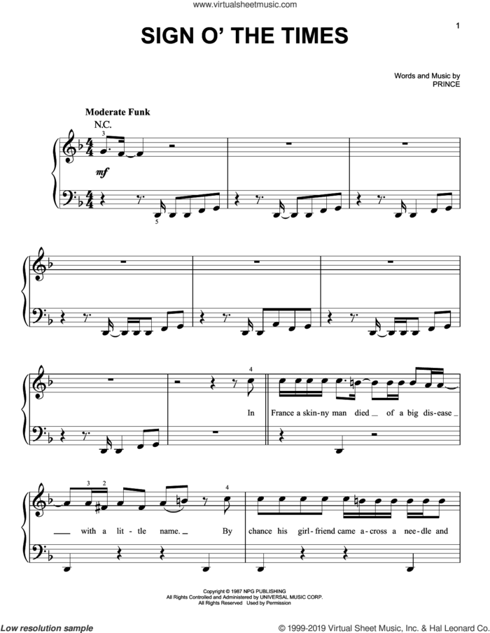 Sign O' The Times sheet music for piano solo by Prince, easy skill level