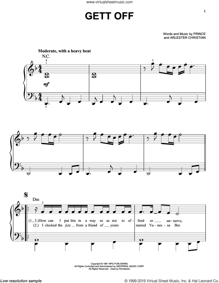 Gett Off sheet music for piano solo by Prince and Arlester Christian, easy skill level