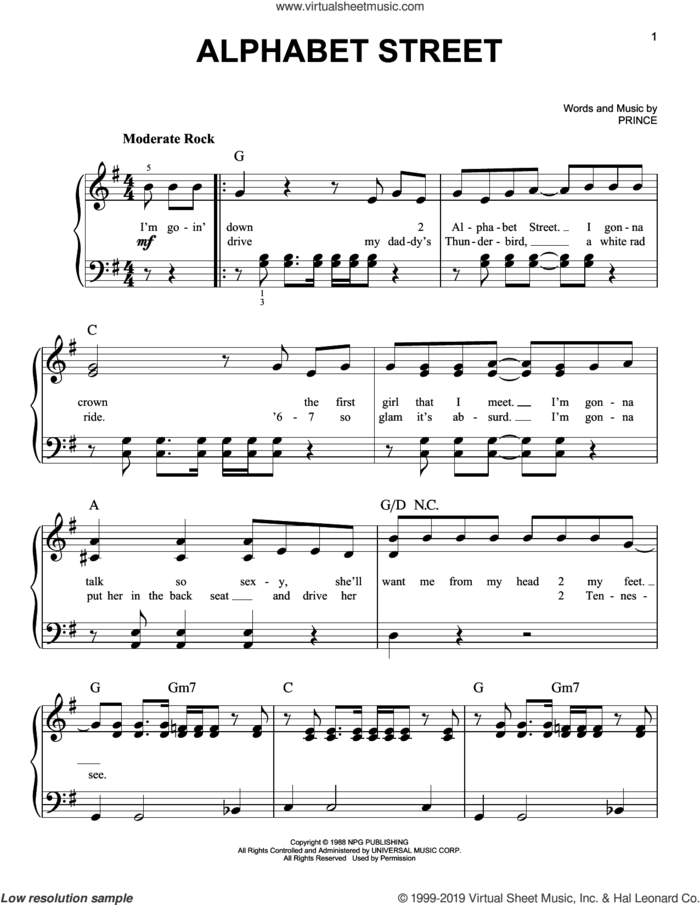 Alphabet St. sheet music for piano solo by Prince, easy skill level
