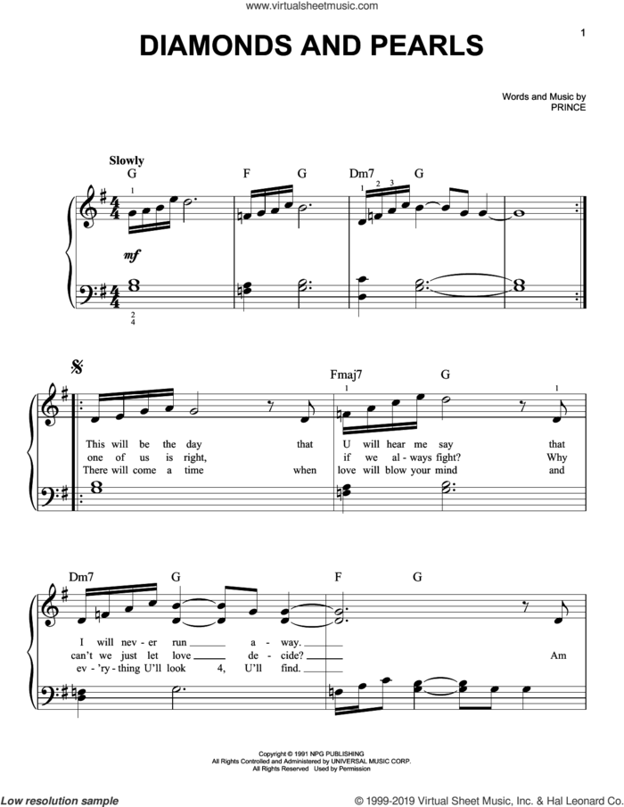 Diamonds And Pearls sheet music for piano solo by Prince, easy skill level