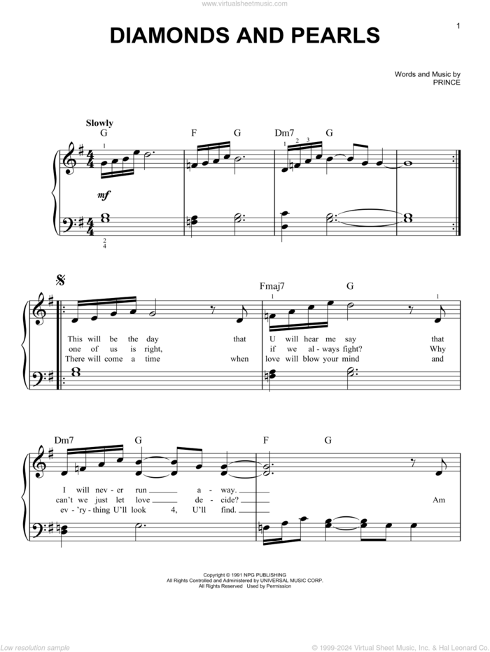 Diamonds And Pearls sheet music for piano solo by Prince, easy skill level