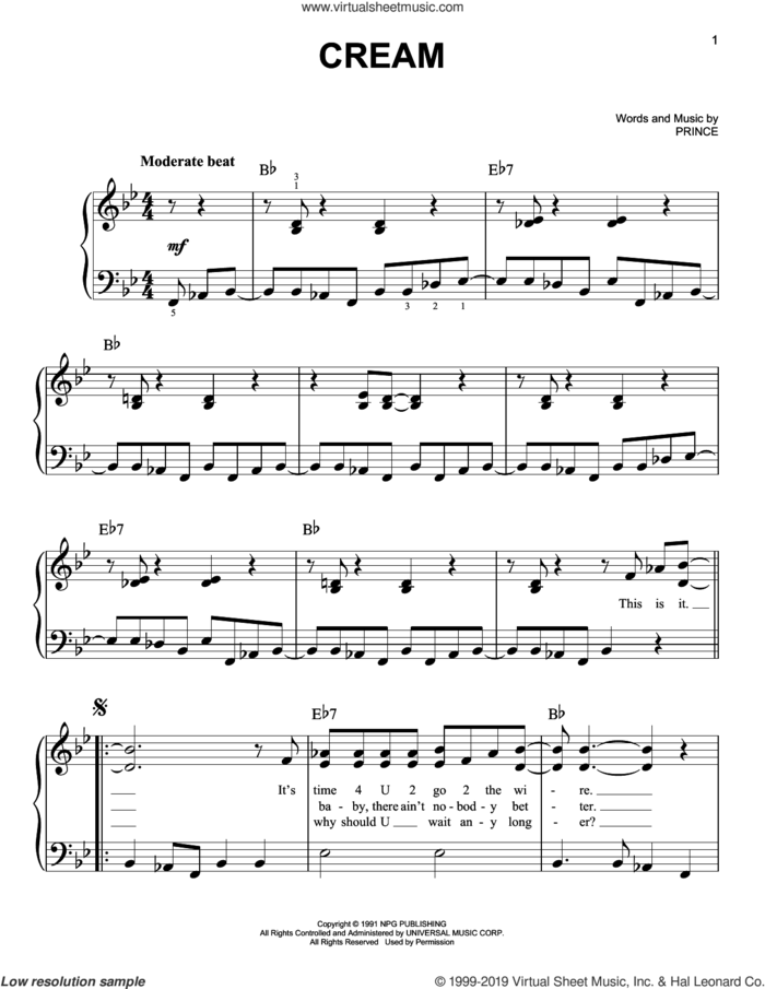 Cream sheet music for piano solo by Prince, easy skill level