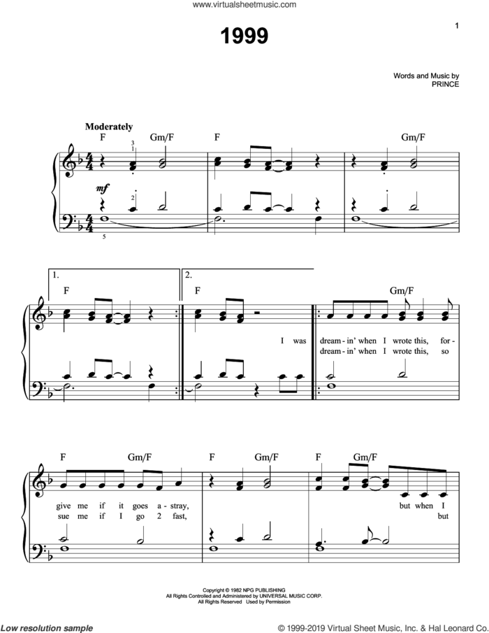 1999 sheet music for piano solo by Prince, easy skill level