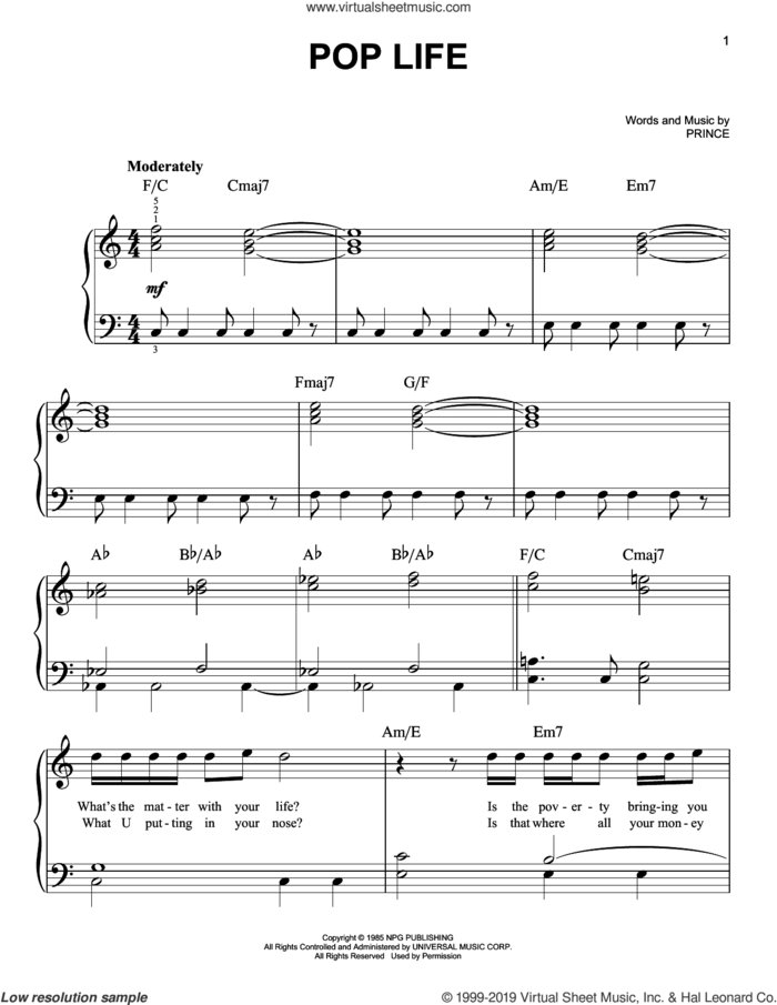 Pop Life sheet music for piano solo by Prince, easy skill level