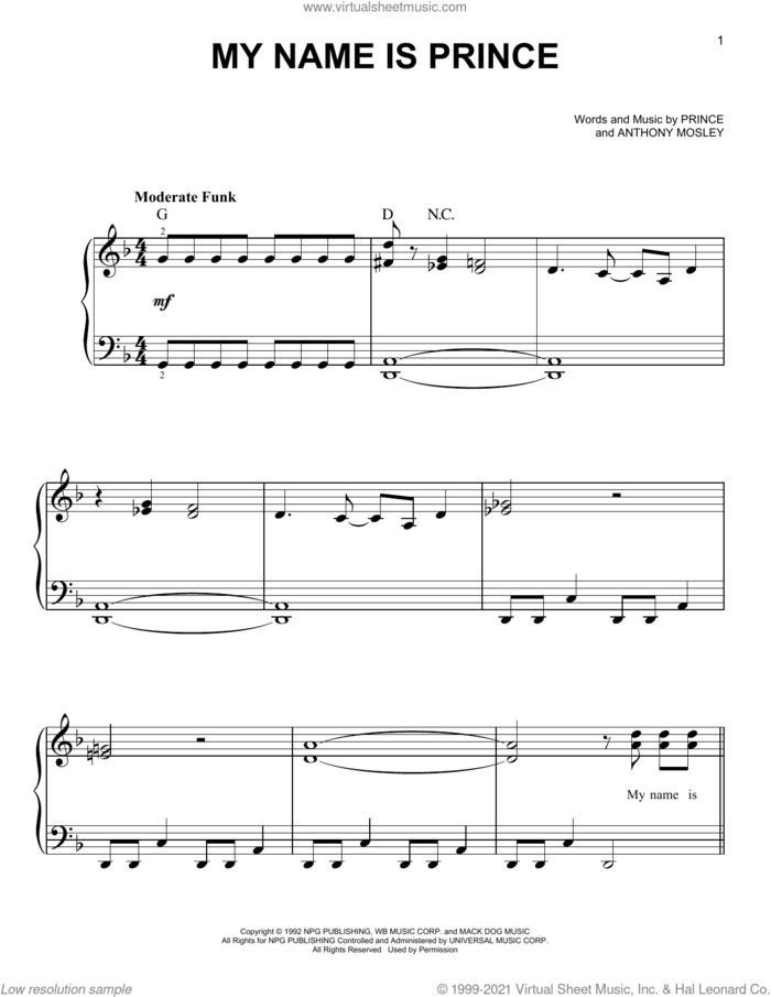 My Name Is Prince sheet music for piano solo by Prince and Anthony Mosley, easy skill level