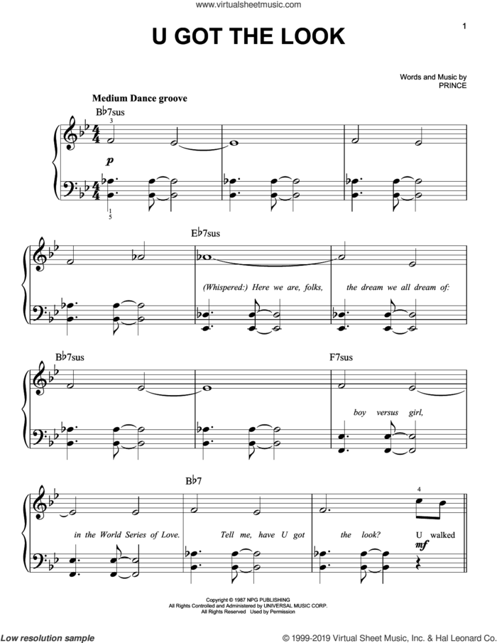 U Got The Look sheet music for piano solo by Prince, easy skill level
