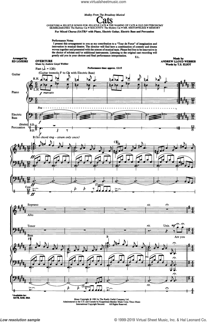 Cats (Medley) (arr. Ed Lojeski) sheet music for choir (SATB: soprano, alto, tenor, bass) by Andrew Lloyd Webber, Ed Lojeski and T.S. Eliot, intermediate skill level