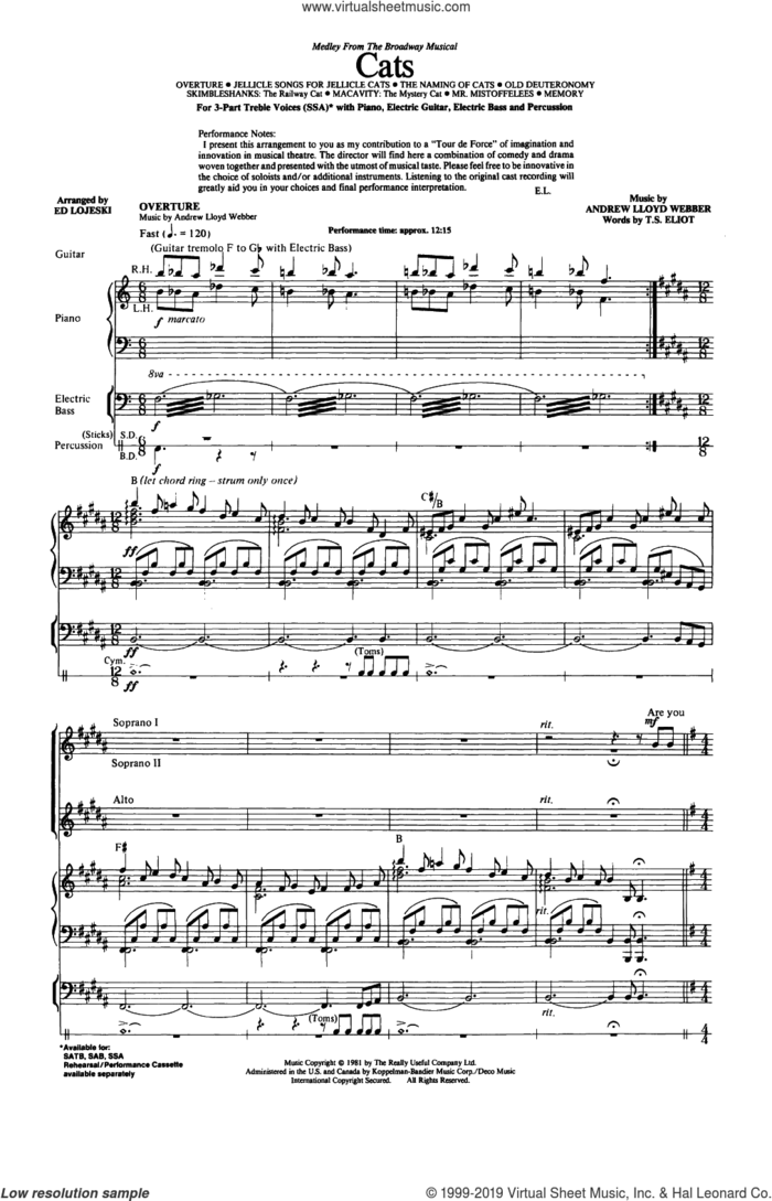 Cats (Medley) (arr. Ed Lojeski) sheet music for choir (SSA: soprano, alto) by Andrew Lloyd Webber, Ed Lojeski and T.S. Eliot, intermediate skill level