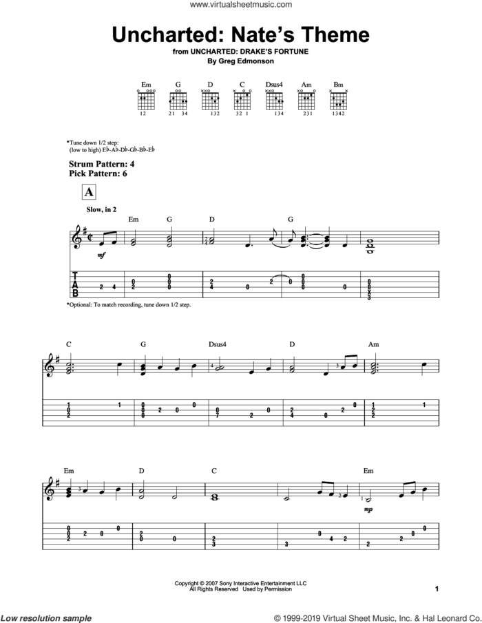 Uncharted: Nate's Theme (from Uncharted: Drake's Fortune) sheet music for guitar solo (easy tablature) by Greg Edmonson, easy guitar (easy tablature)