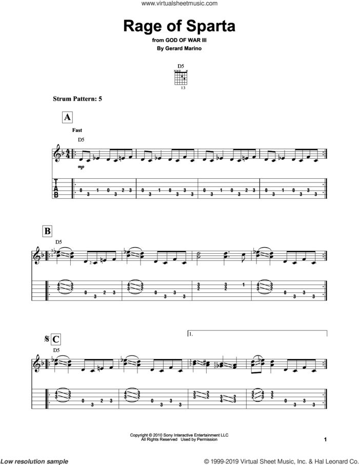Rage Of Sparta (from God of War III) sheet music for guitar solo (easy tablature) by Gerard Marino, easy guitar (easy tablature)