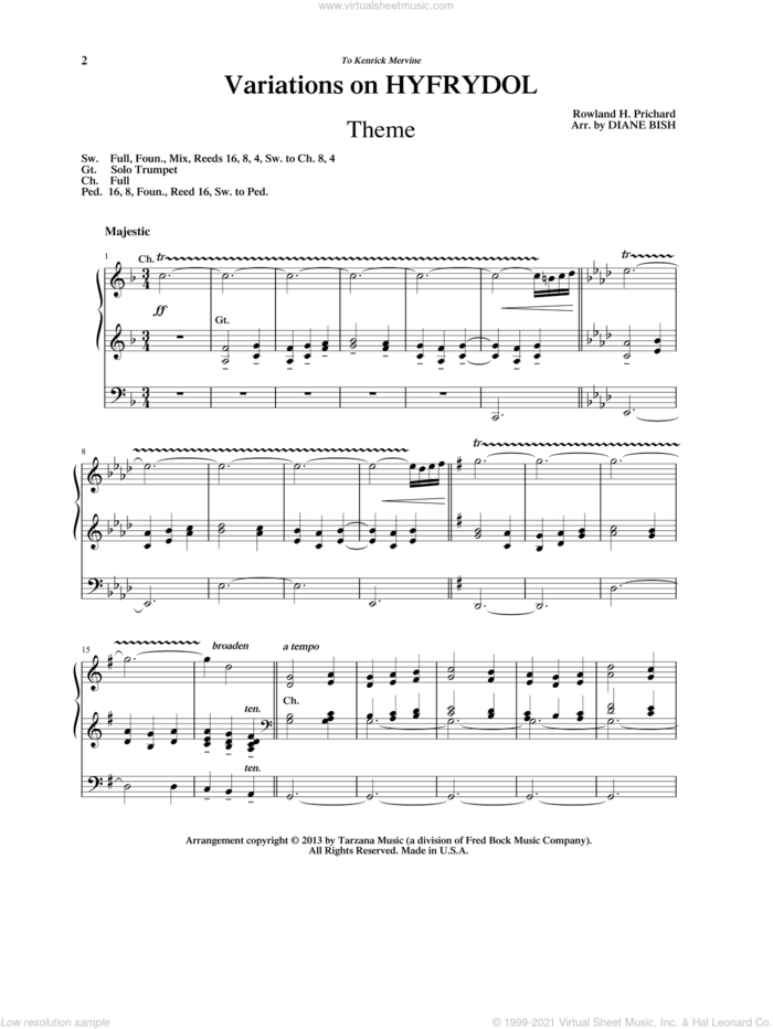 Variations on Hyfrydol (arr. Diane Bish) sheet music for organ by Rowland Prichard and Diane Bish, intermediate skill level
