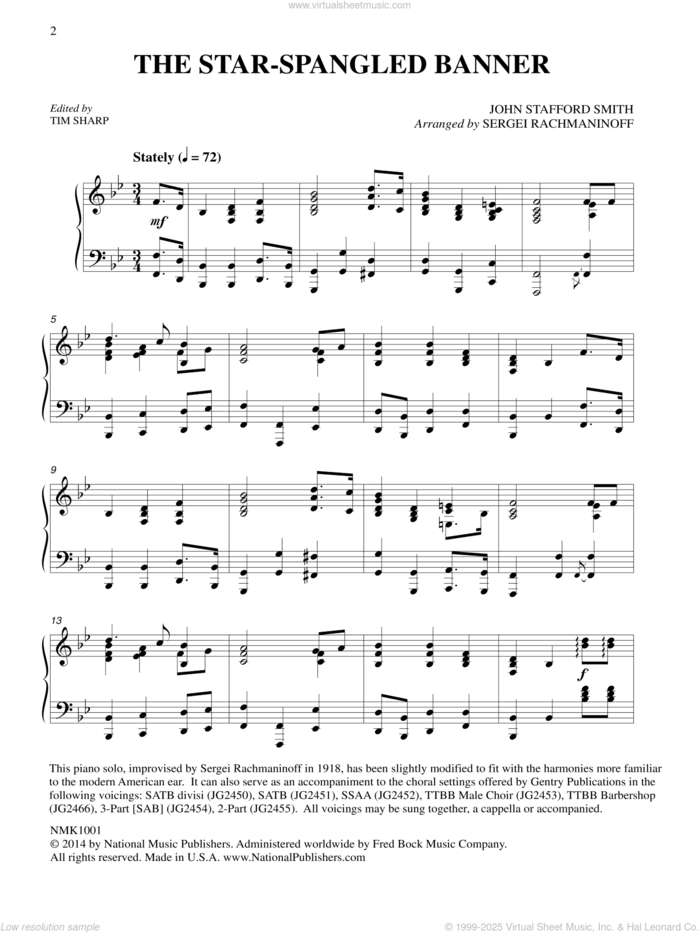 The Star-Spangled Banner (arr. Sergei Rachmaninoff) (ed. Tim Sharp) sheet music for piano solo by John Stafford Smith, Serjeij Rachmaninoff, Francis Scott Key, Francis Scott Key and John Stafford Smith and Tim Sharp, intermediate skill level