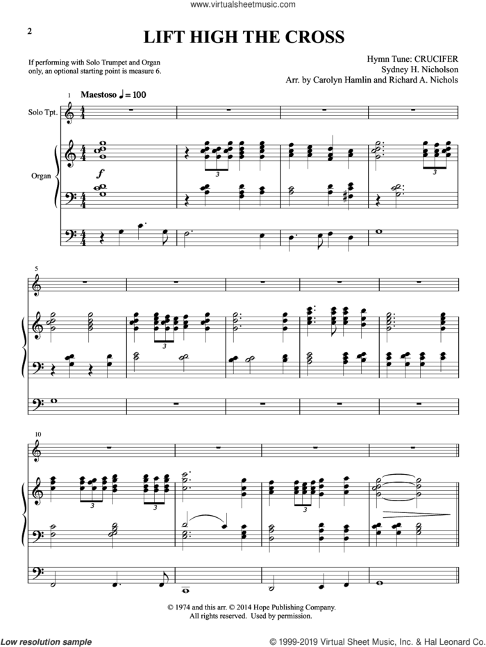 Lift High the Cross (arr. Carolyn Hamlin and Richard A. Nichols) sheet music for trumpet and organ by Sydney H. Nicholson, Carolyn Hamlin and Richard A. Nichols, intermediate skill level