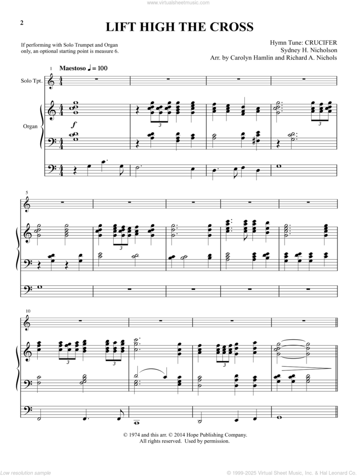 Lift High the Cross (arr. Carolyn Hamlin and Richard A. Nichols) sheet music for trumpet and organ by Sydney H. Nicholson, Carolyn Hamlin and Richard A. Nichols, intermediate skill level