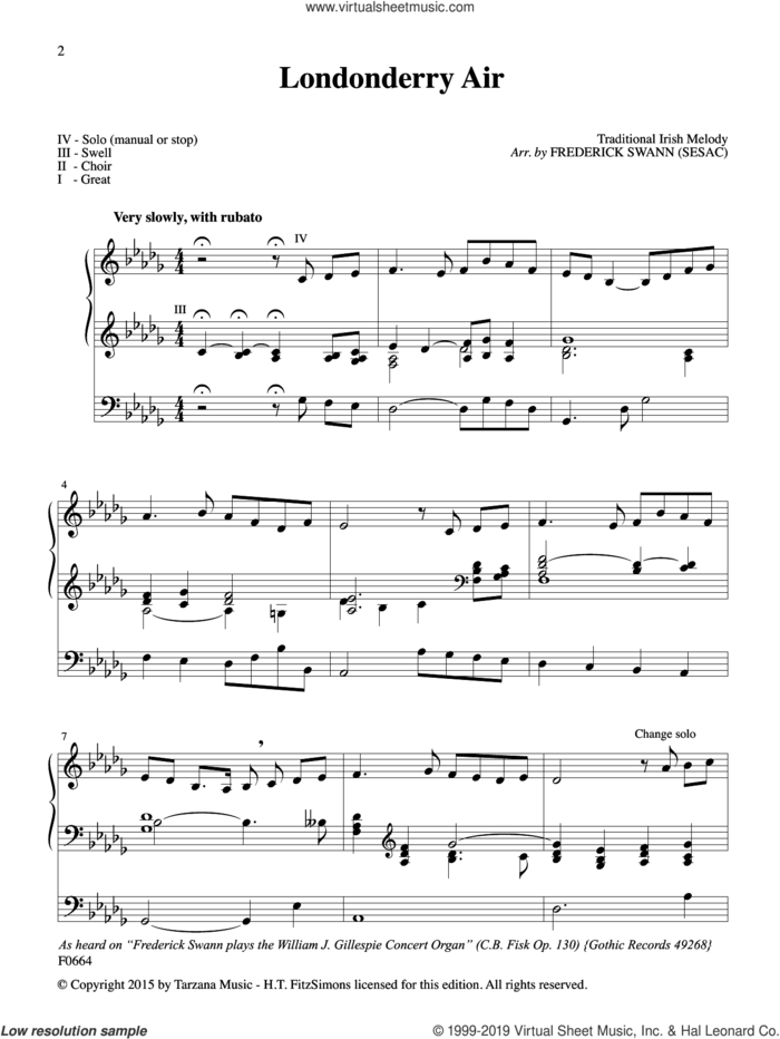 Improvisation on Londonderry Air sheet music for organ by Frederick Swann, intermediate skill level
