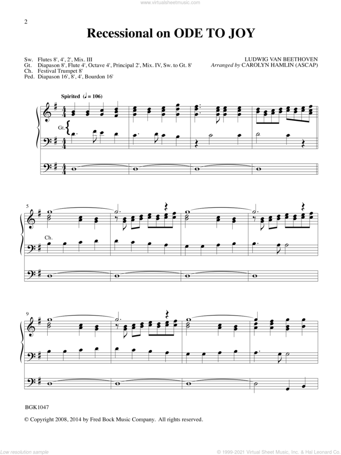Recessional On Ode To Joy (arr. Carolyn Hamlin) sheet music for organ by Ludwig van Beethoven and Carolyn Hamlin, intermediate skill level