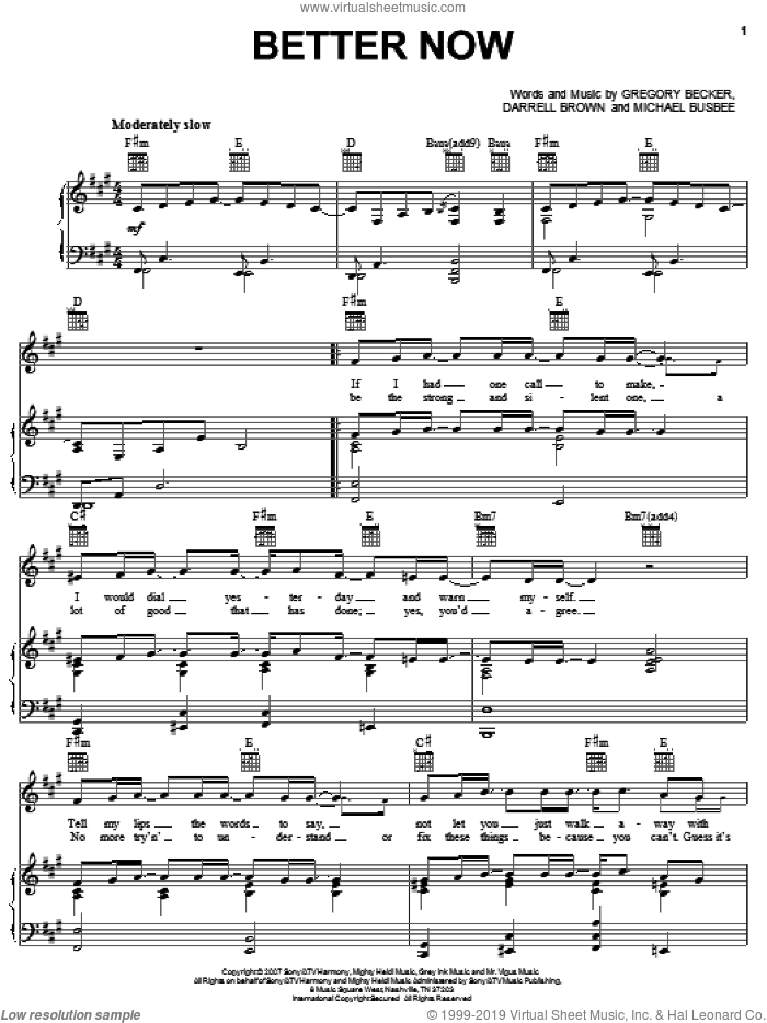 Better Now sheet music for voice, piano or guitar by Rascal Flatts, Darrell Brown, Gregory Becker and Michael Busbee, intermediate skill level