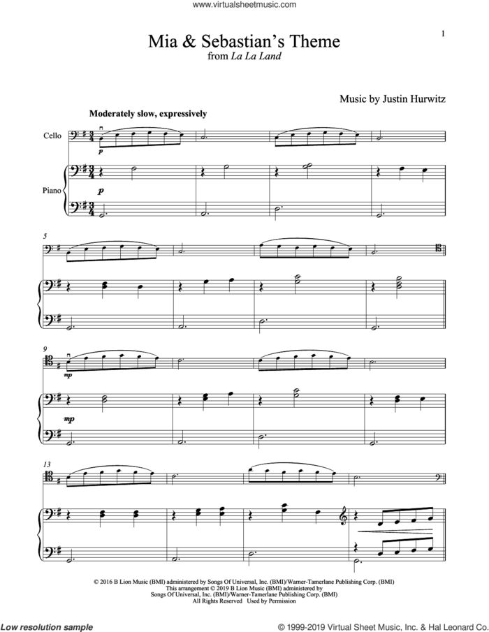 Mia and Sebastian's Theme (from La La Land) sheet music for cello and piano by Justin Hurwitz, intermediate skill level