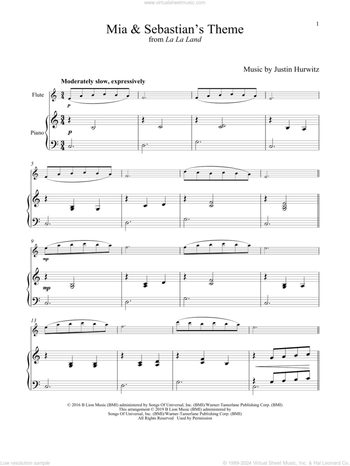 Mia and Sebastian's Theme (from La La Land) sheet music for flute and piano by Justin Hurwitz, intermediate skill level