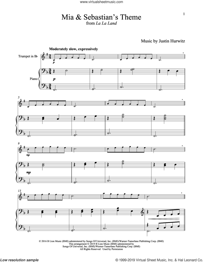 Mia and Sebastian's Theme (from La La Land) sheet music for trumpet and piano by Justin Hurwitz, intermediate skill level