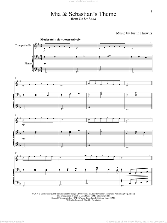 Mia and Sebastian's Theme (from La La Land) sheet music for trumpet and piano by Justin Hurwitz, intermediate skill level