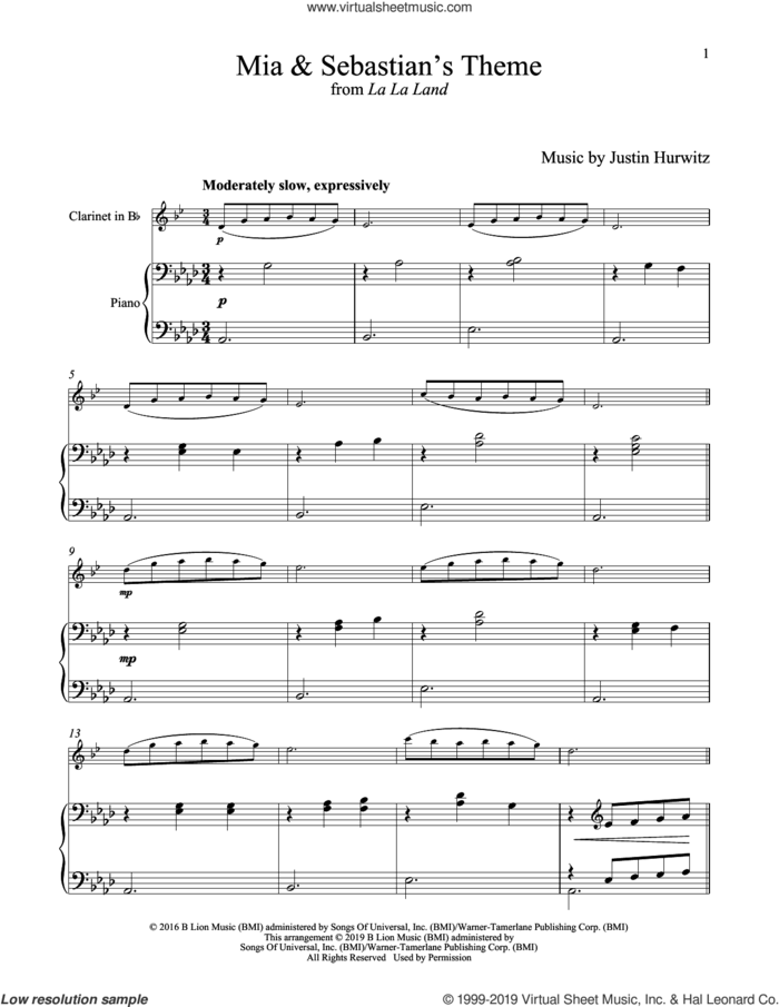 Mia and Sebastian's Theme (from La La Land) sheet music for clarinet and piano by Justin Hurwitz, intermediate skill level