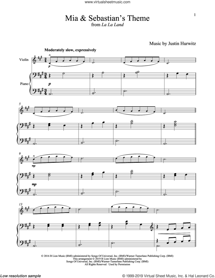 Mia and Sebastian's Theme (from La La Land) sheet music for violin and piano by Justin Hurwitz, intermediate skill level
