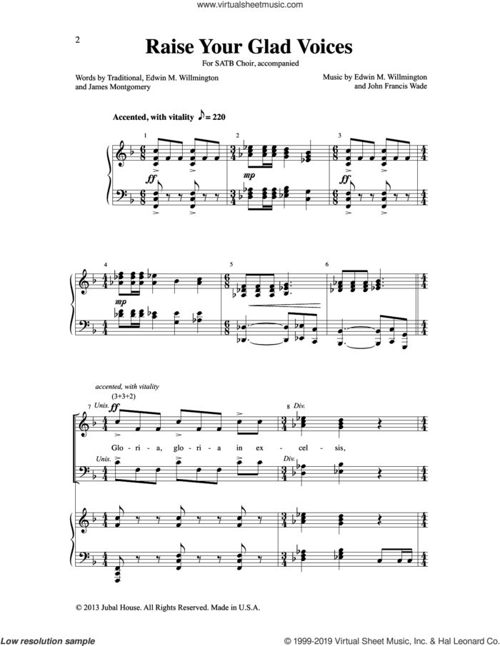 Raise Your Glad Voices sheet music for choir (SATB: soprano, alto, tenor, bass) by John Francis Wade, Edwin M. Willmington, Edwin M. Willmington & John Francis Wade and James Montgomery, intermediate skill level