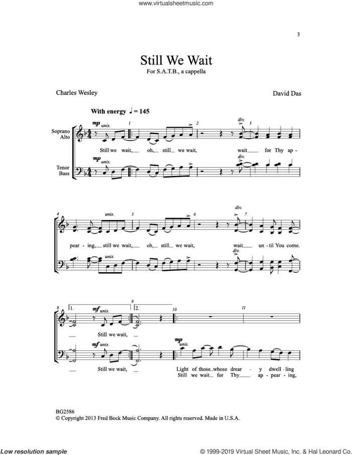 Still We Wait sheet music for choir (SATB: soprano, alto, tenor, bass) by David Das and Charles Wesley, intermediate skill level