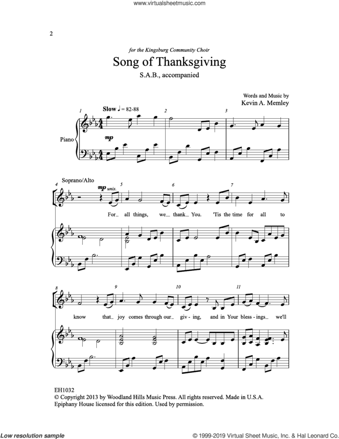 Song Of Thanksgiving sheet music for choir (SAB: soprano, alto, bass) by Kevin Memley, intermediate skill level