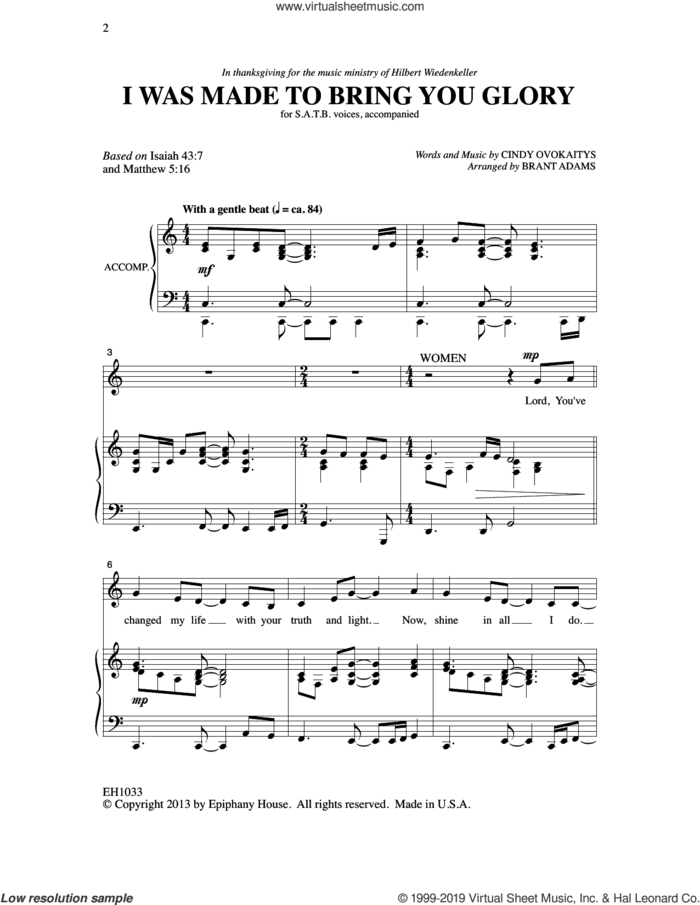 I Was Made To Bring You Glory (arr. Brant Adams) sheet music for choir (SATB: soprano, alto, tenor, bass) by Cindy Ovokaitys and Brant Adams, intermediate skill level