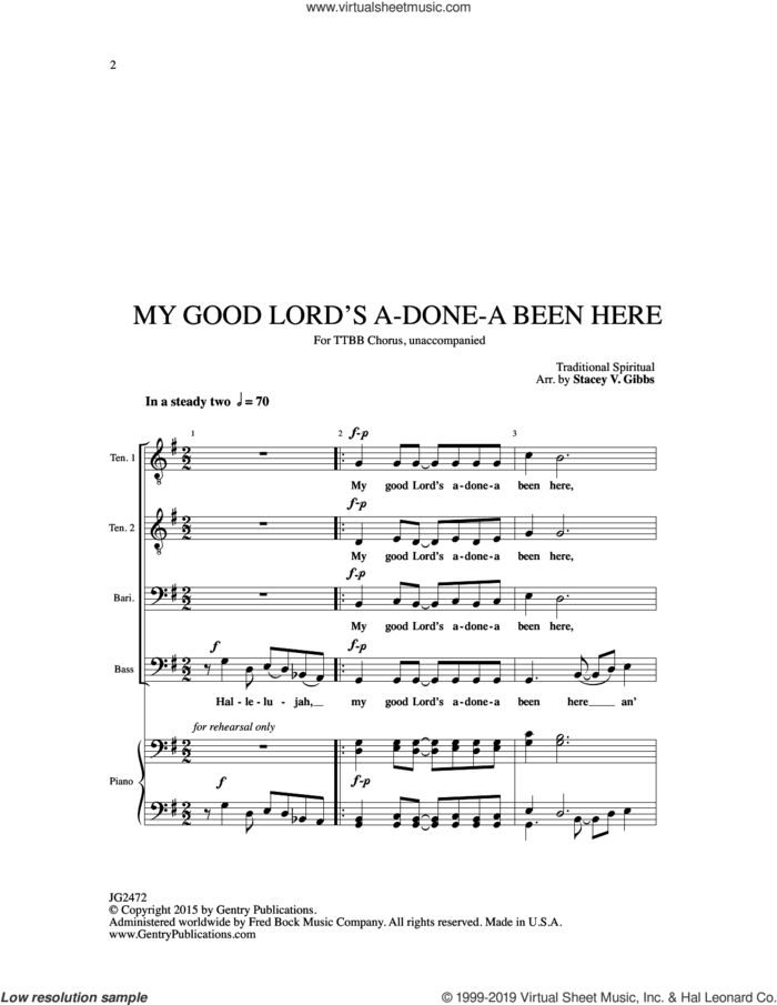 My Good Lord's Done-a Been Here (arr. Stacey V. Gibbs) sheet music for choir (TTBB: tenor, bass)  and Stacey V. Gibbs, intermediate skill level