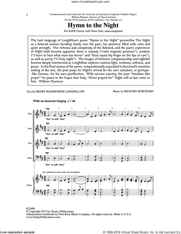 Hymn To The Night sheet music for choir (SATB: soprano, alto, tenor, bass) by Richard Burchard, intermediate skill level