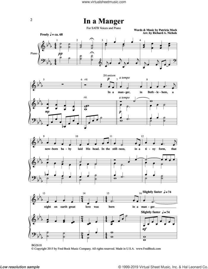 In A Manger (arr. Richard A. Nichols) sheet music for choir (SATB: soprano, alto, tenor, bass) by Patricia Mock and Richard Nichols, intermediate skill level